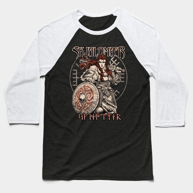 Norse Viking Shieldmaiden Female Warrior Skjaldmaer Vegvisir Baseball T-Shirt by Blue Pagan